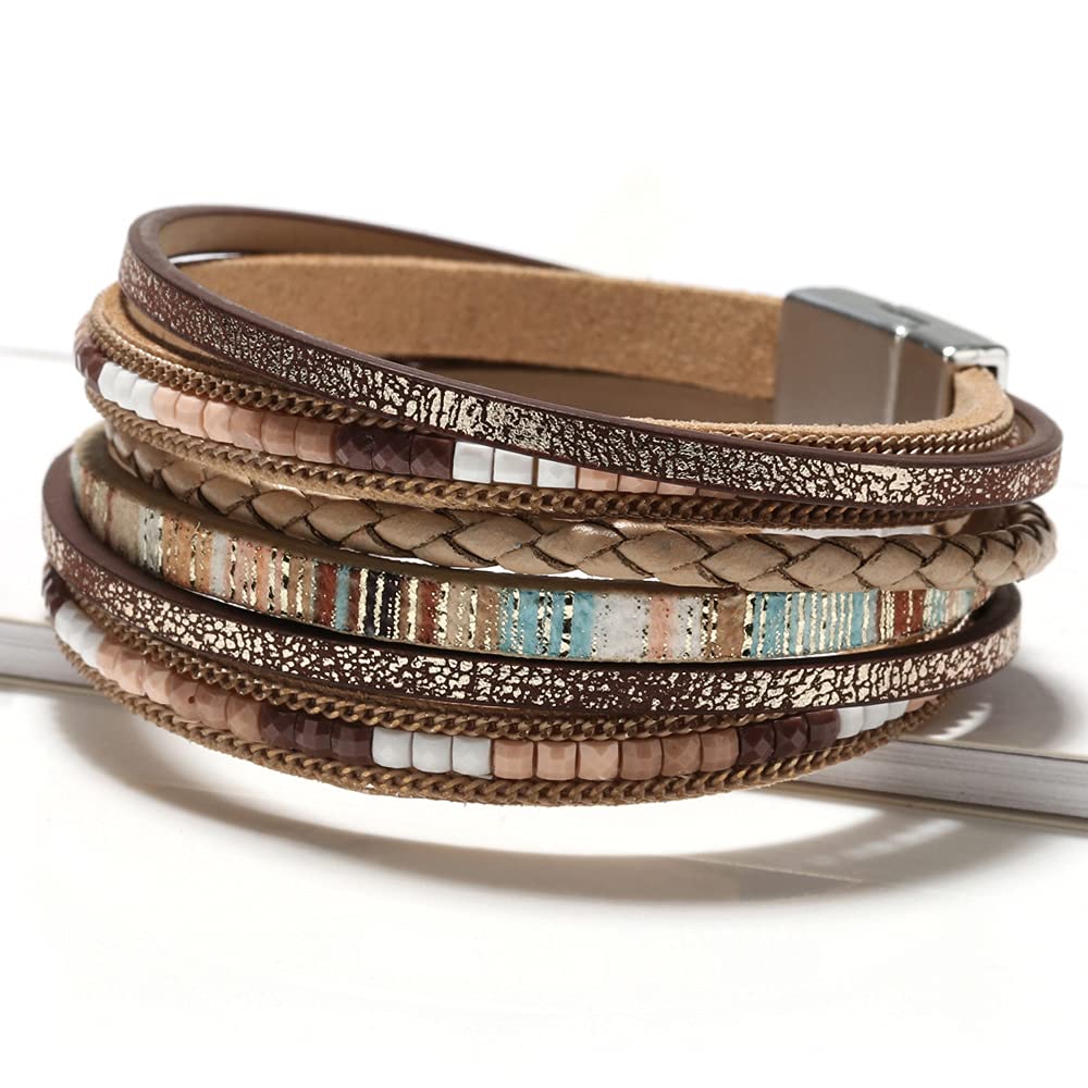 Multilayer Leather Wrap Bracelet for Women with Leopard Print and Beaded Clasp