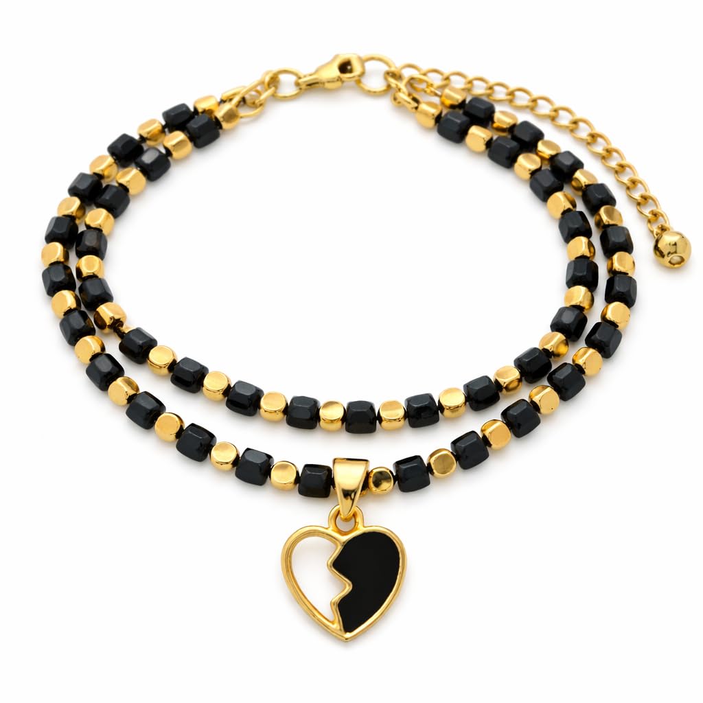Women's Double Strand Natural Spinel and Hematite Beaded Bracelet with Heart Charm