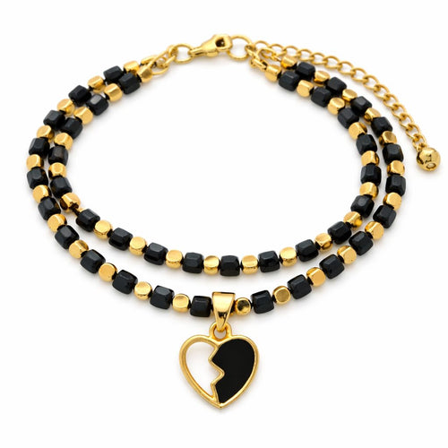 Women's Double Strand Natural Spinel and Hematite Beaded Bracelet with Heart Charm