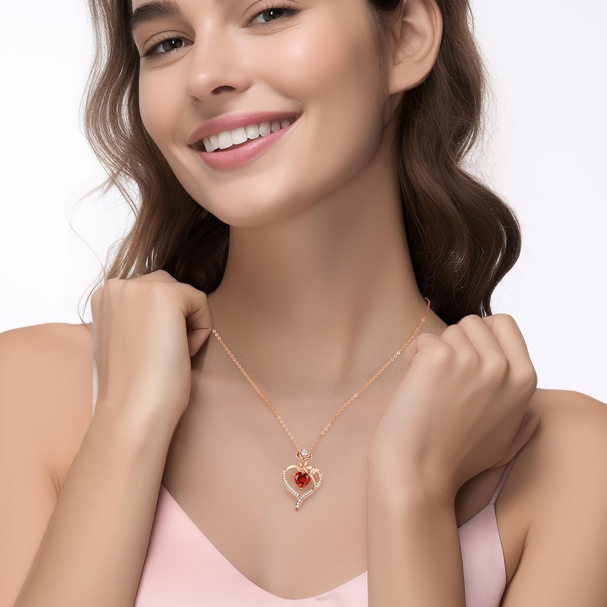 Women's 925 Sterling Silver Rose Gold-Plated Birthstone Necklace with Rose Flower and Heart Pendant