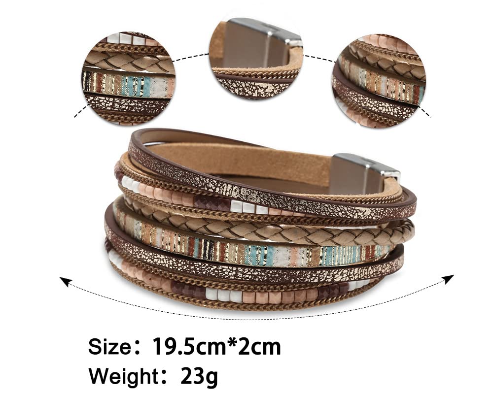 Multilayer Leather Wrap Bracelet for Women with Leopard Print and Beaded Clasp