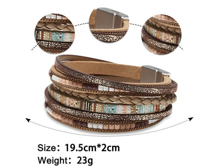 Multilayer Leather Wrap Bracelet for Women with Leopard Print and Beaded Clasp