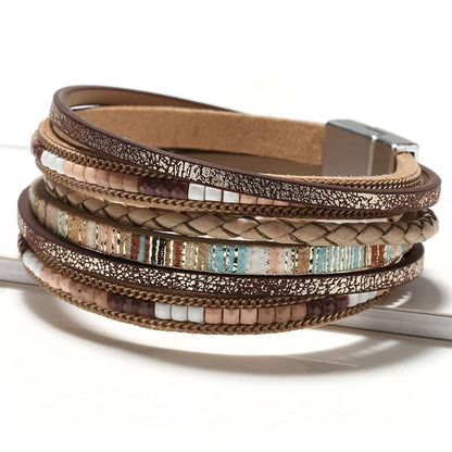 Multilayer Leather Wrap Bracelet for Women with Leopard Print and Beaded Clasp