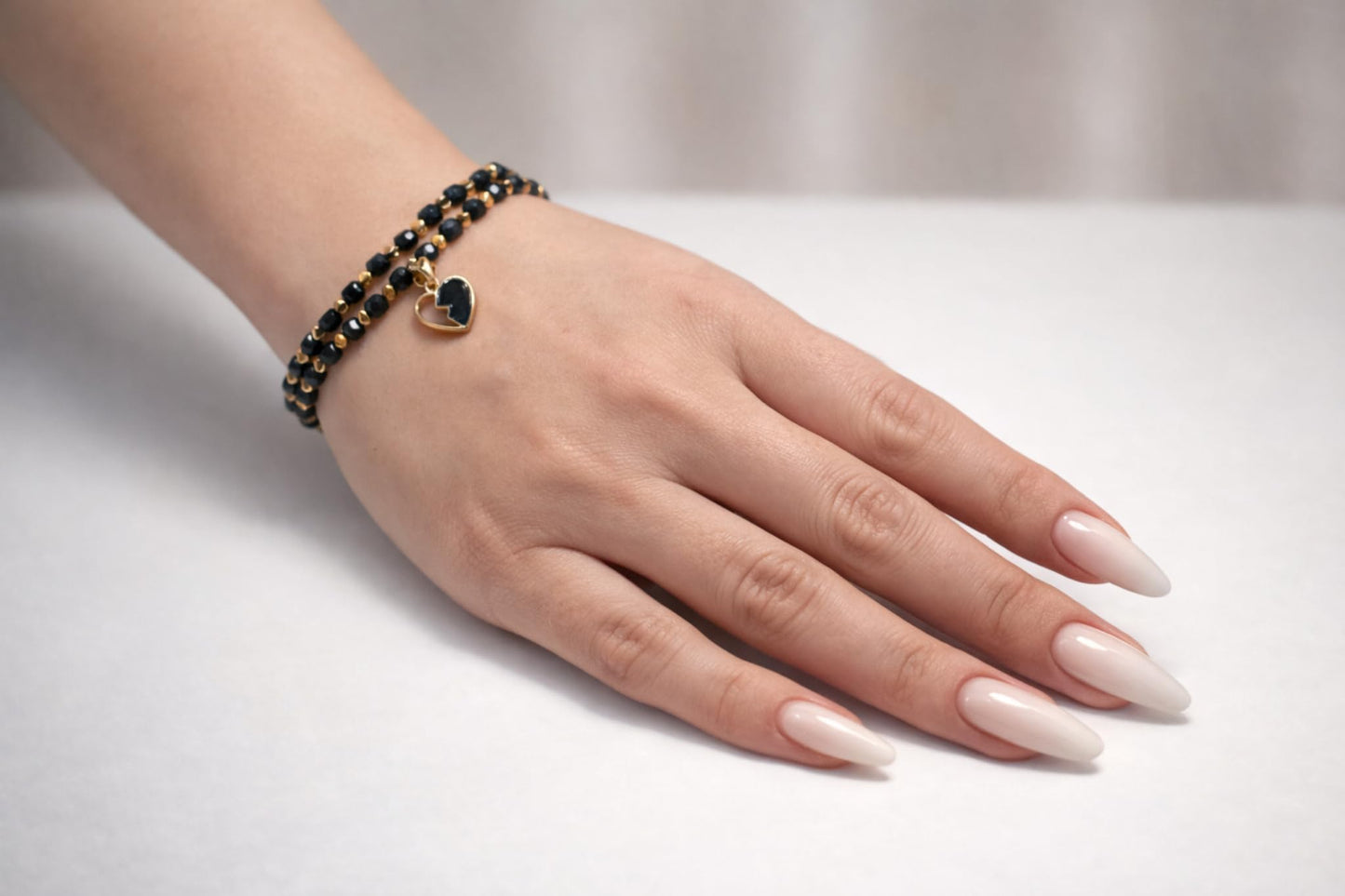 Women's Double Strand Natural Spinel and Hematite Beaded Bracelet with Heart Charm