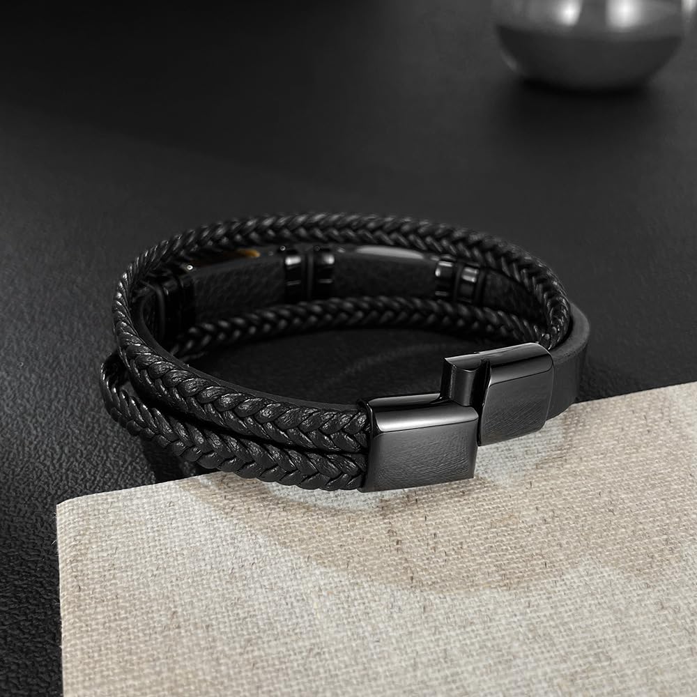 Men's Microfiber Leather Bracelet with Tiger Eye Stones and Stainless Steel Buckle