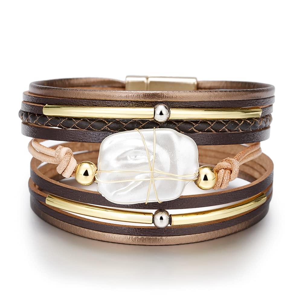 Multilayer Leather Cord Bracelet for Women with Pearl Beads and Gold-Plated Tube Accents