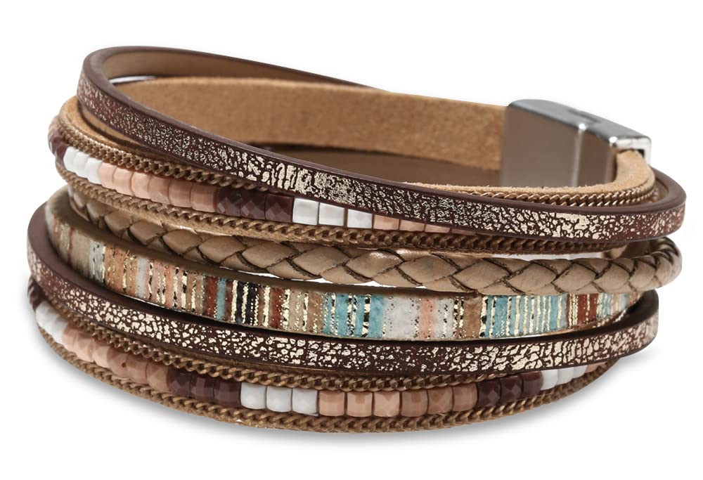 Multilayer Leather Wrap Bracelet for Women with Leopard Print and Beaded Clasp