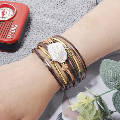 Multilayer Leather Cord Bracelet for Women with Pearl Beads and Gold-Plated Tube Accents
