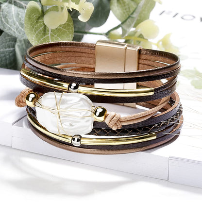 Multilayer Leather Cord Bracelet for Women with Pearl Beads and Gold-Plated Tube Accents