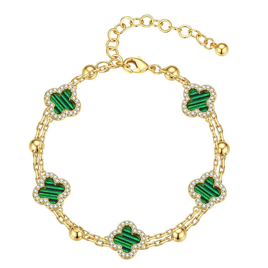 Women's 14K Gold-Plated Four-Leaf Clover Charm Bracelet with Cubic Zirconia