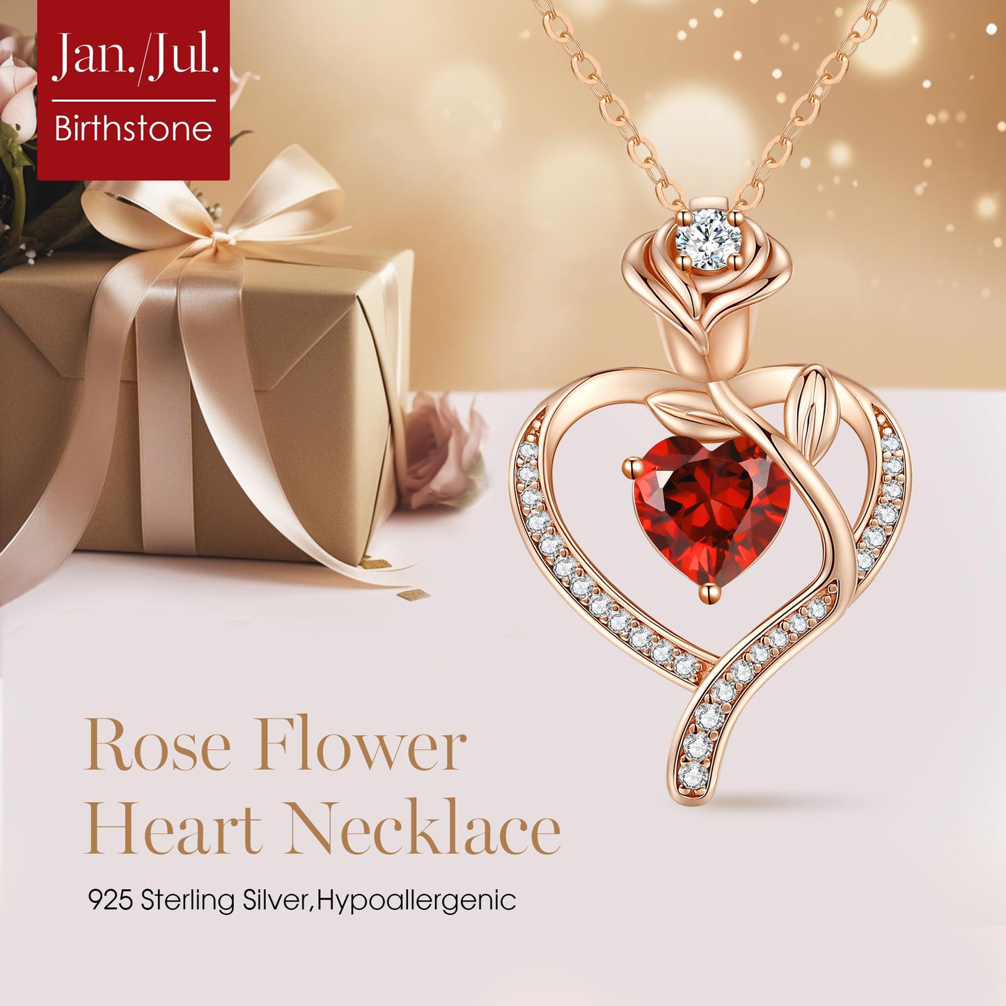 Women's 925 Sterling Silver Rose Gold-Plated Birthstone Necklace with Rose Flower and Heart Pendant