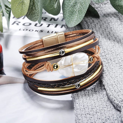 Multilayer Leather Cord Bracelet for Women with Pearl Beads and Gold-Plated Tube Accents