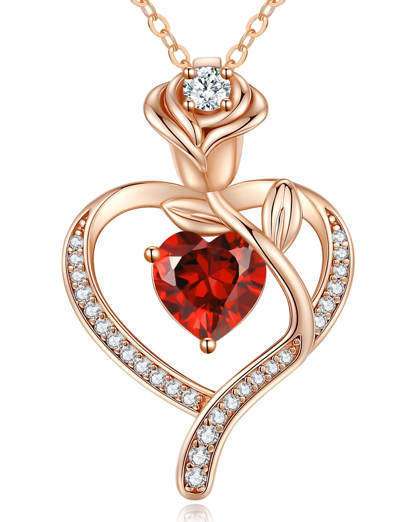 Women's 925 Sterling Silver Rose Gold-Plated Birthstone Necklace with Rose Flower and Heart Pendant