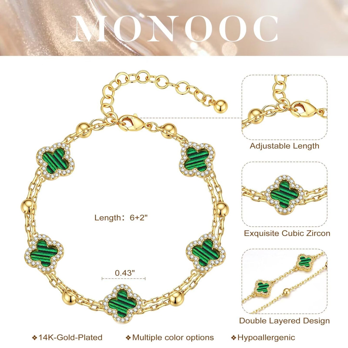 Women's 14K Gold-Plated Four-Leaf Clover Charm Bracelet with Cubic Zirconia