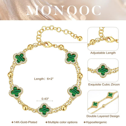 Women's 14K Gold-Plated Four-Leaf Clover Charm Bracelet with Cubic Zirconia