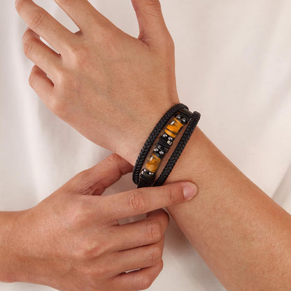 Men's Microfiber Leather Bracelet with Tiger Eye Stones and Stainless Steel Buckle