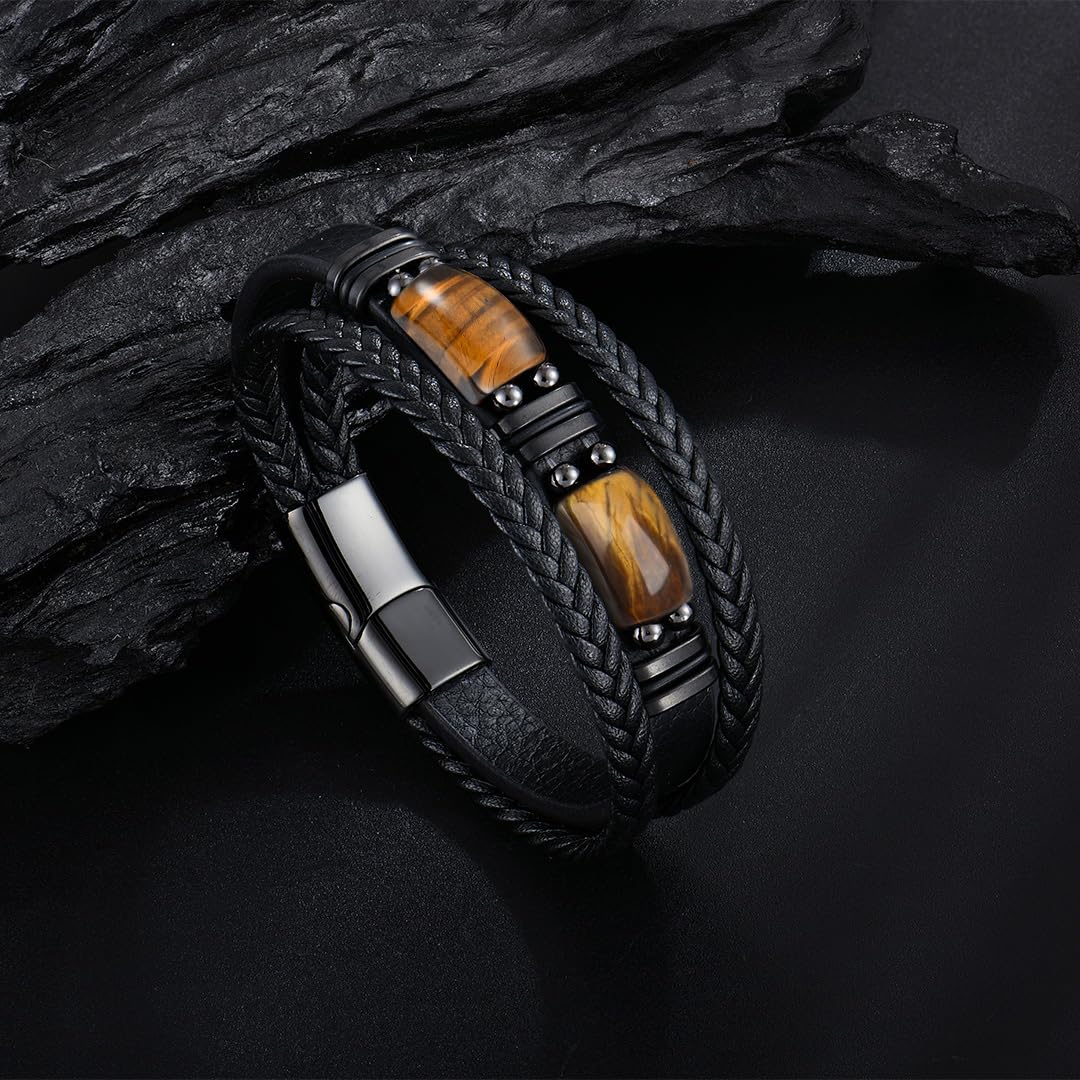 Men's Microfiber Leather Bracelet with Tiger Eye Stones and Stainless Steel Buckle