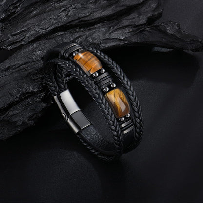 Men's Microfiber Leather Bracelet with Tiger Eye Stones and Stainless Steel Buckle