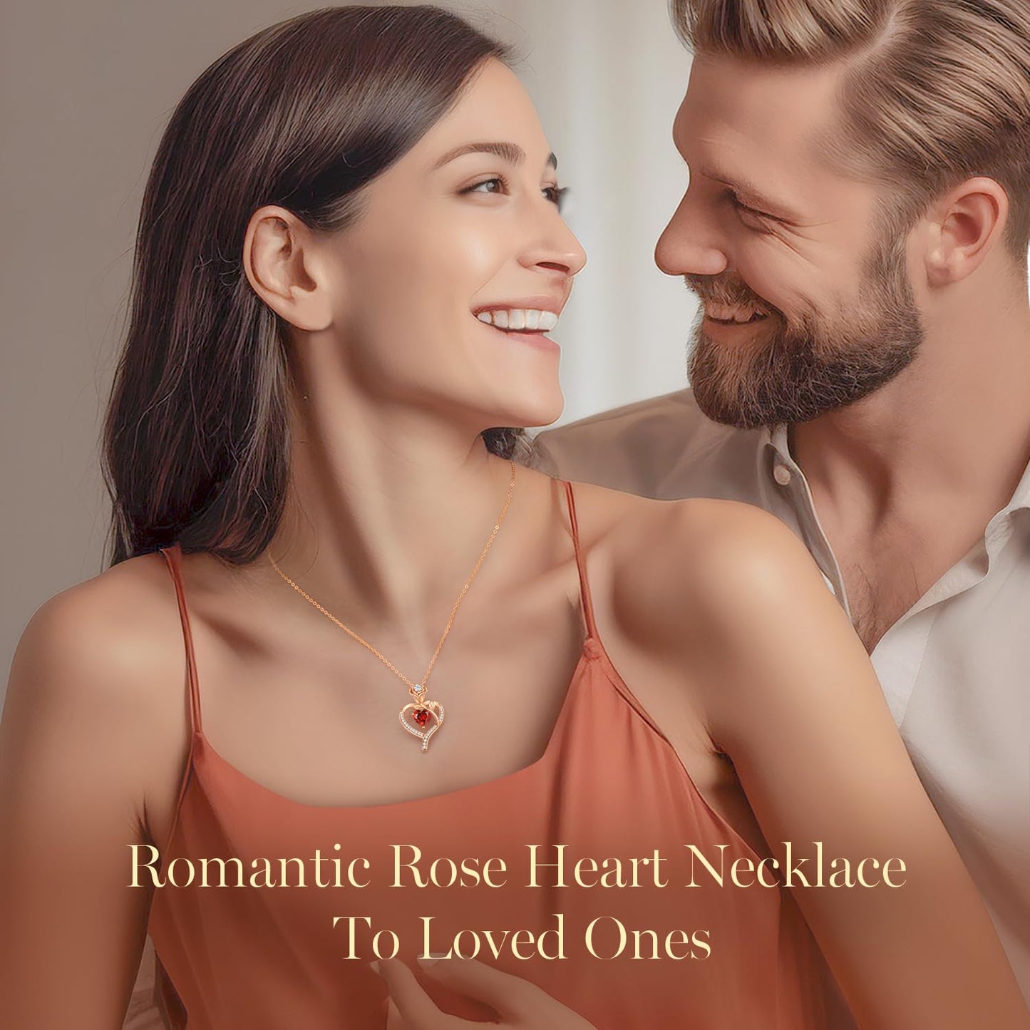 Women's 925 Sterling Silver Rose Gold-Plated Birthstone Necklace with Rose Flower and Heart Pendant