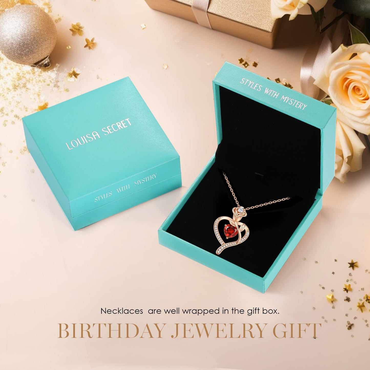 Women's 925 Sterling Silver Rose Gold-Plated Birthstone Necklace with Rose Flower and Heart Pendant