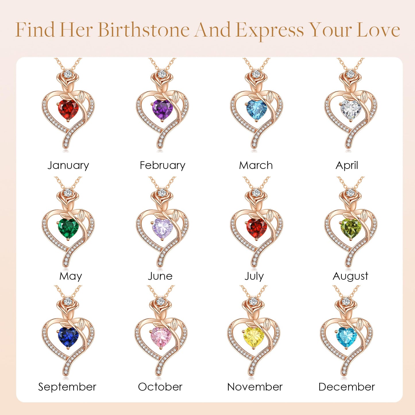 Women's 925 Sterling Silver Rose Gold-Plated Birthstone Necklace with Rose Flower and Heart Pendant