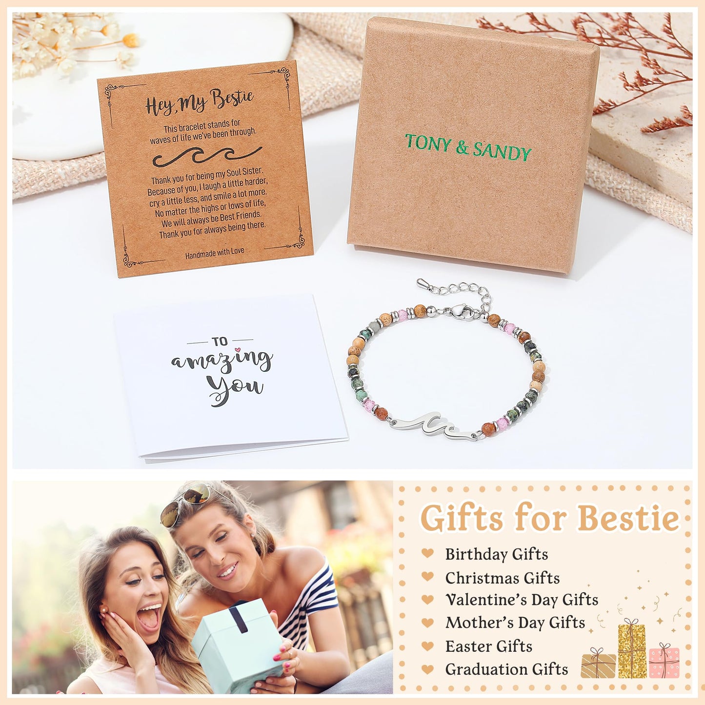 Women's Beaded Wave Bracelet with Natural Stones and Stainless Steel Beads – Friendship Gift Set