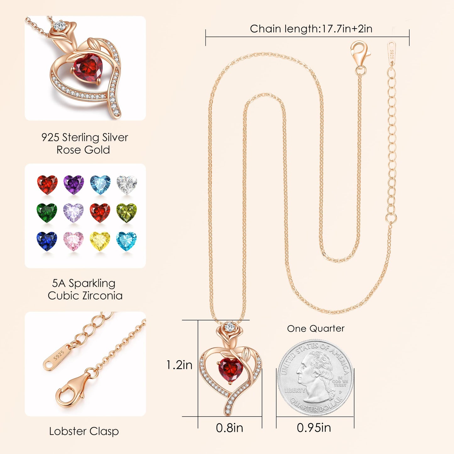 Women's 925 Sterling Silver Rose Gold-Plated Birthstone Necklace with Rose Flower and Heart Pendant