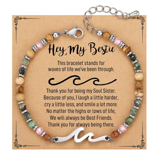 Women's Beaded Wave Bracelet with Natural Stones and Stainless Steel Beads – Friendship Gift Set