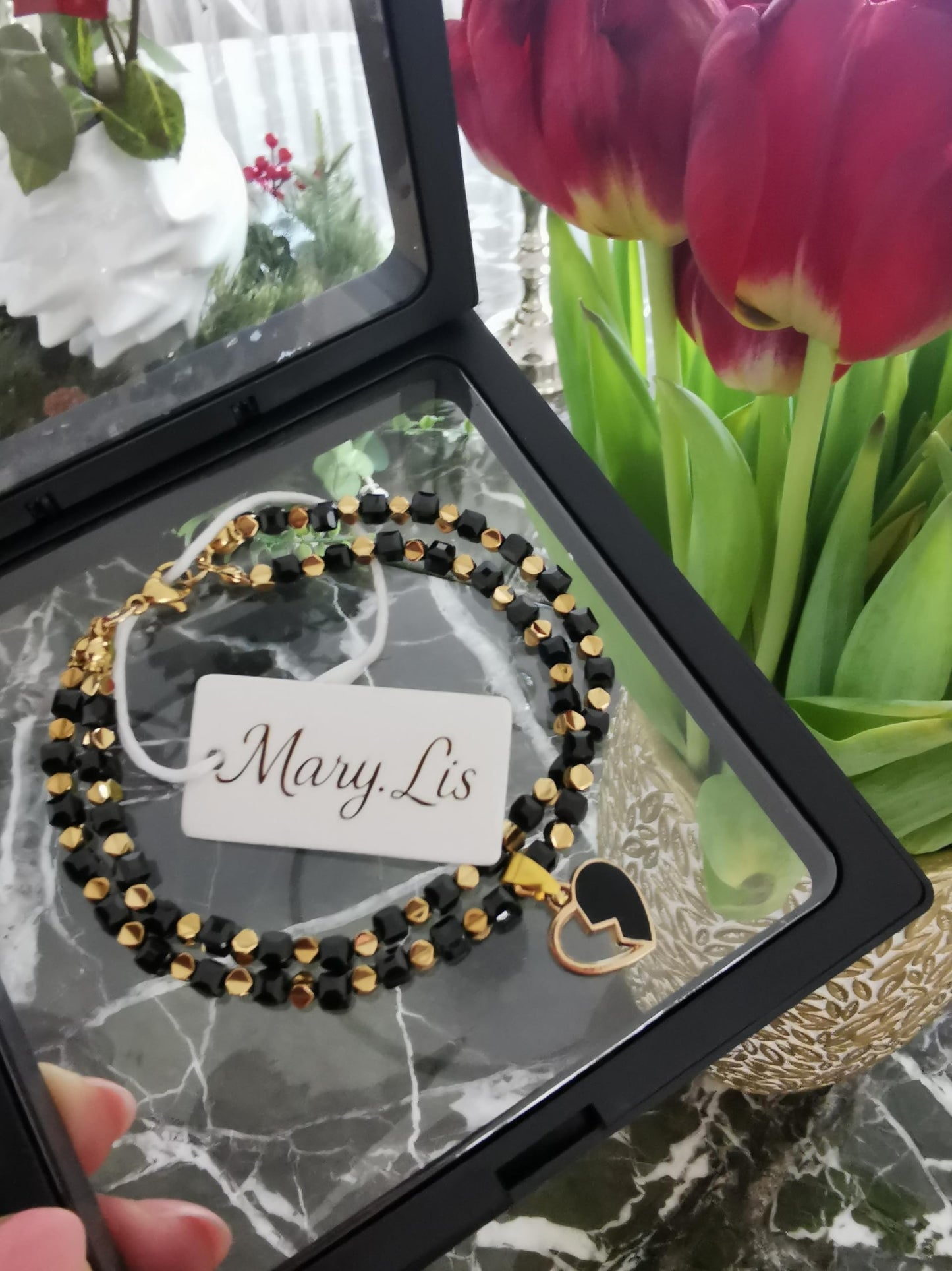 Women's Double Strand Natural Spinel and Hematite Beaded Bracelet with Heart Charm