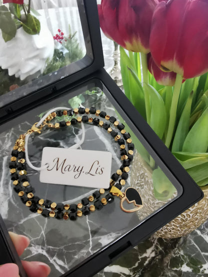 Women's Double Strand Natural Spinel and Hematite Beaded Bracelet with Heart Charm