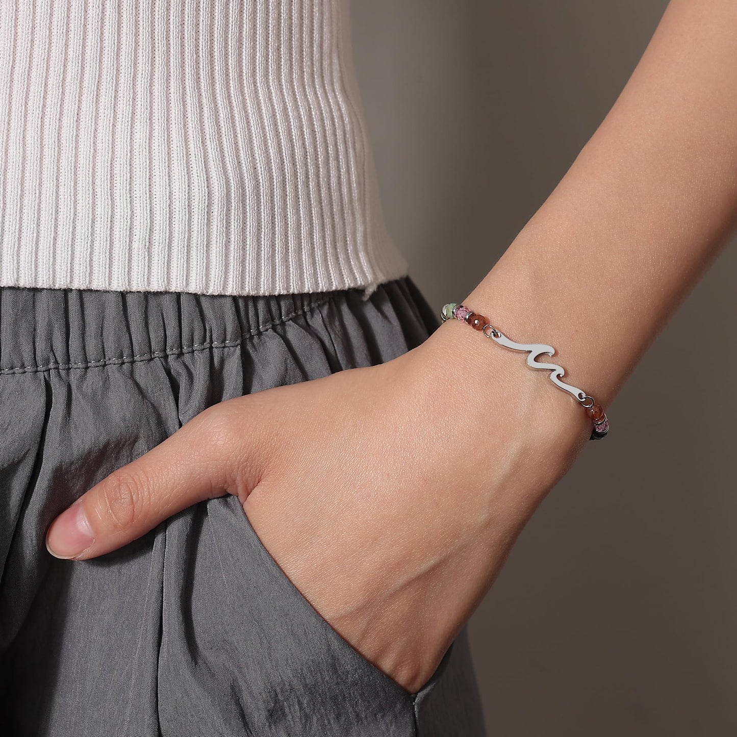 Women's Beaded Wave Bracelet with Natural Stones and Stainless Steel Beads – Friendship Gift Set